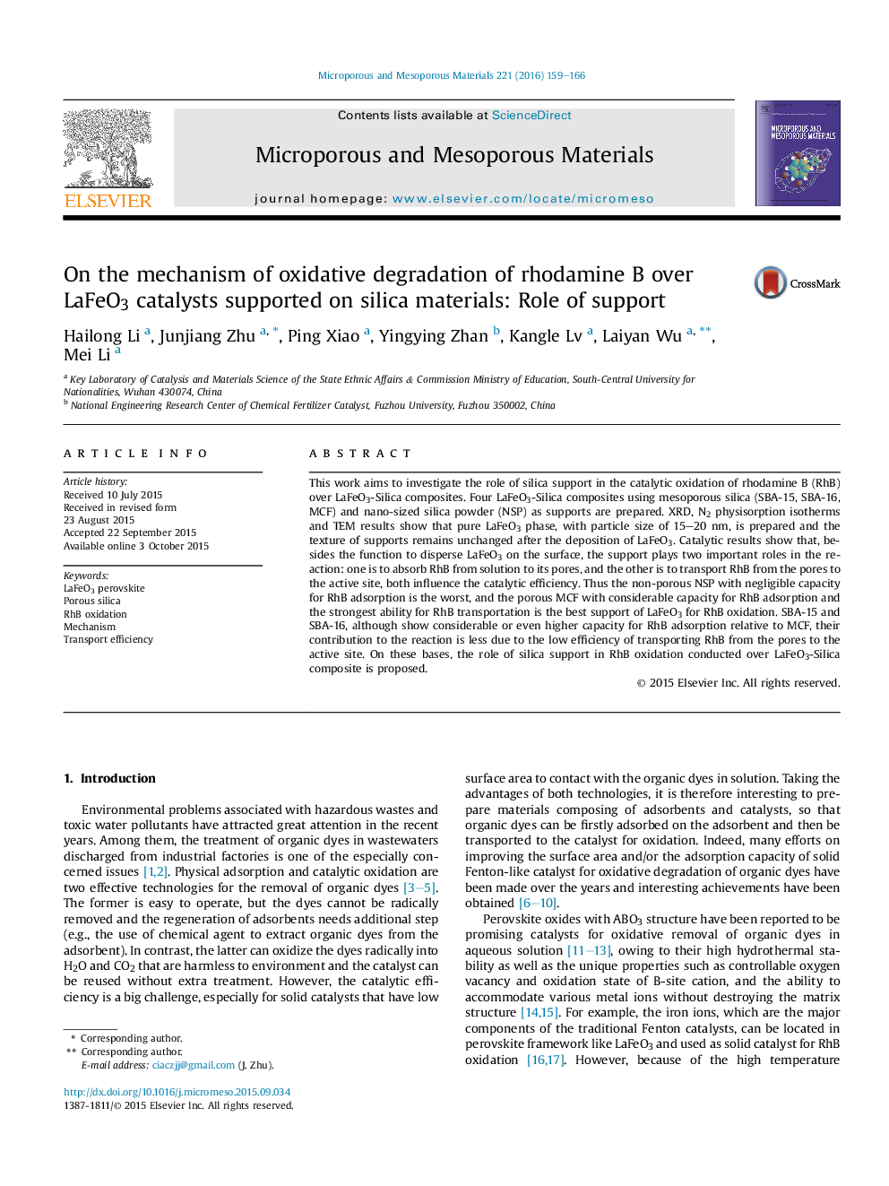 On the mechanism of oxidative degradation of rhodamine B over LaFeO3 catalysts supported on silica materials: Role of support