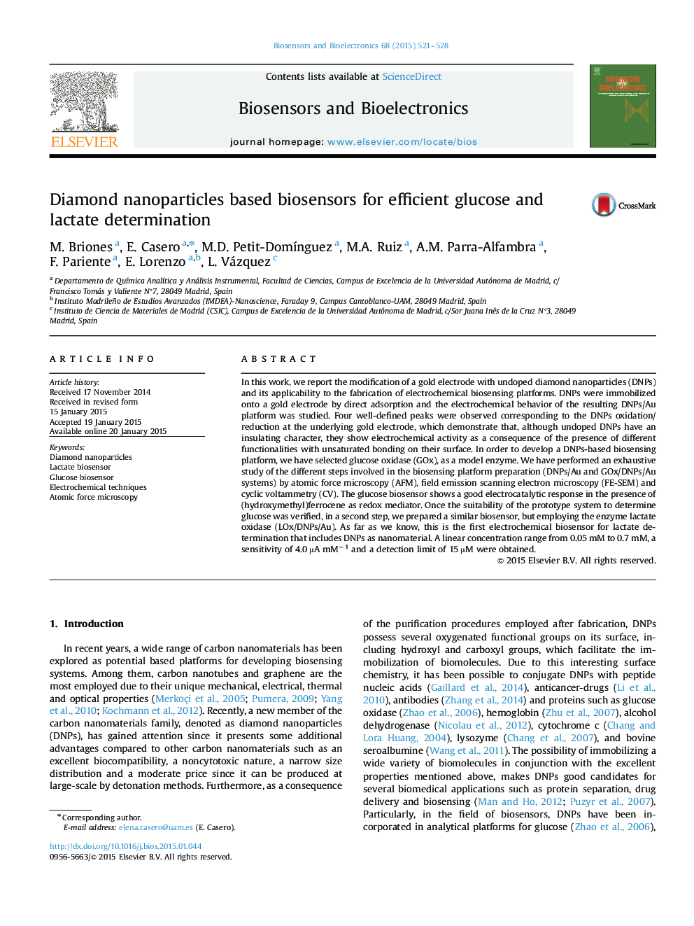 Diamond nanoparticles based biosensors for efficient glucose and lactate determination