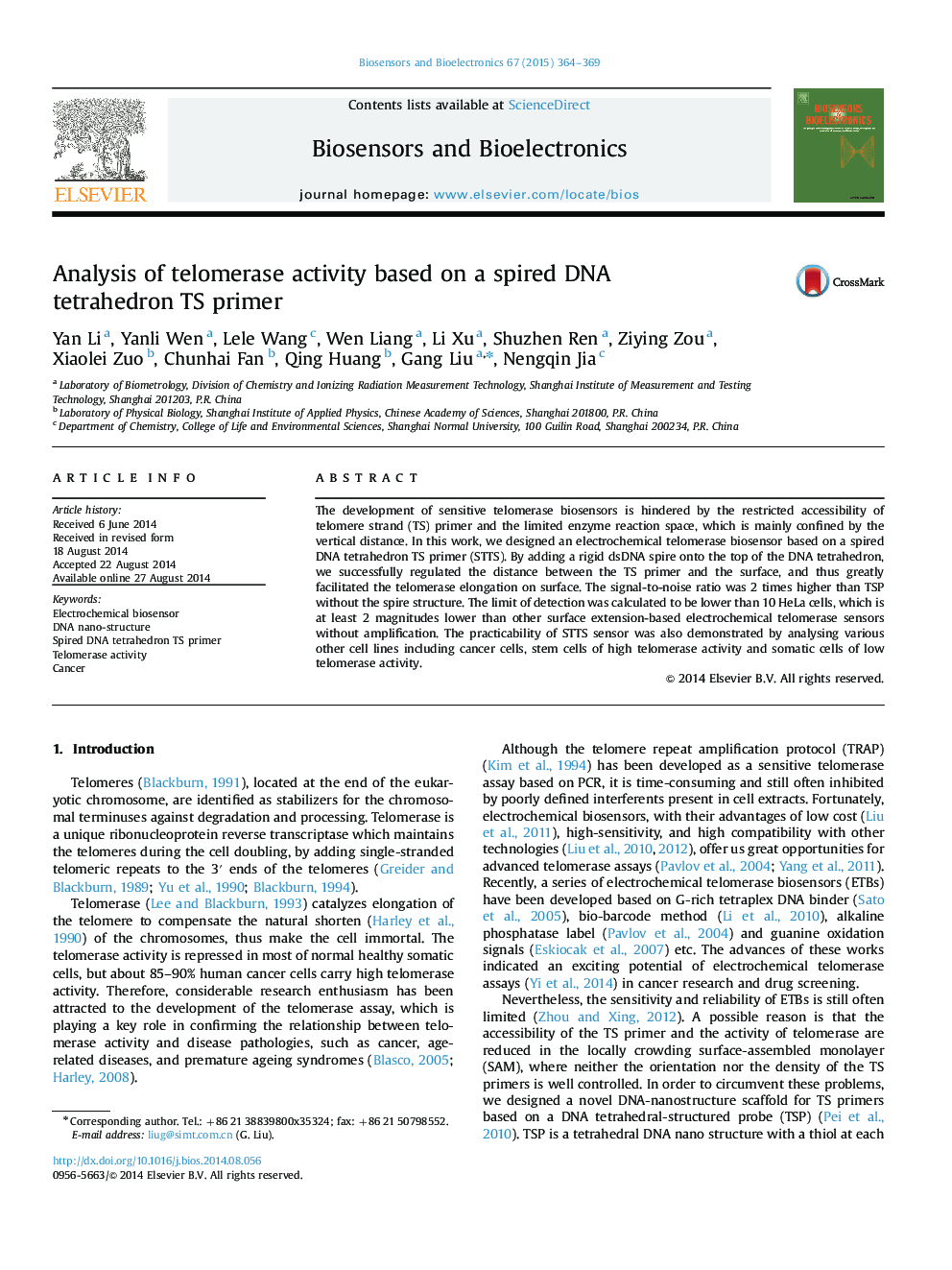 Analysis of telomerase activity based on a spired DNA tetrahedron TS primer