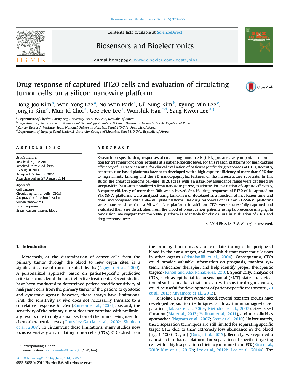 Drug response of captured BT20 cells and evaluation of circulating tumor cells on a silicon nanowire platform