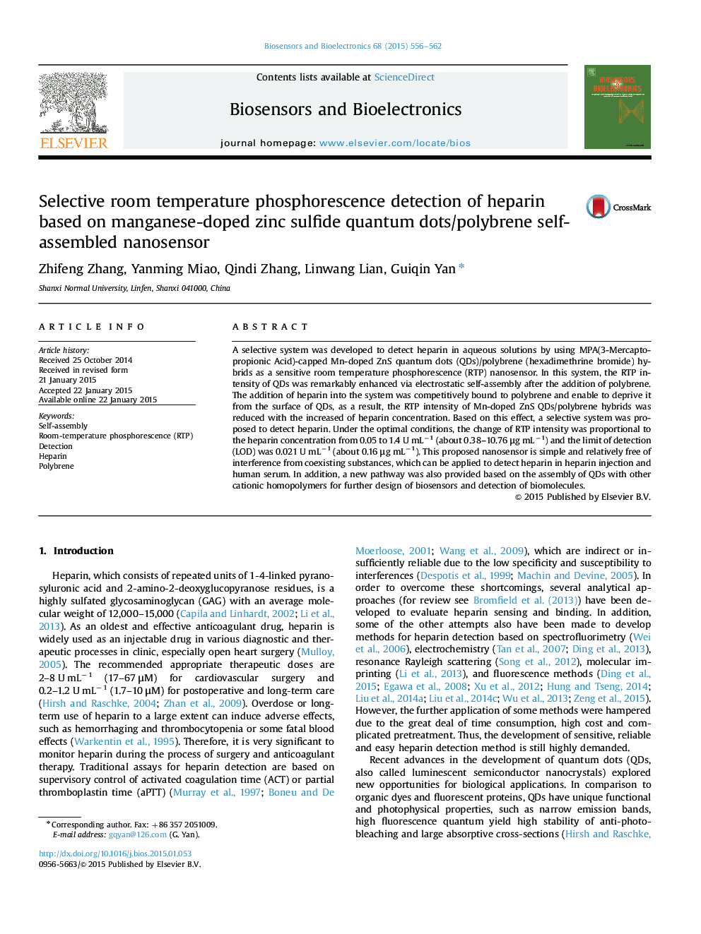 Selective room temperature phosphorescence detection of heparin based on manganese-doped zinc sulfide quantum dots/polybrene self-assembled nanosensor