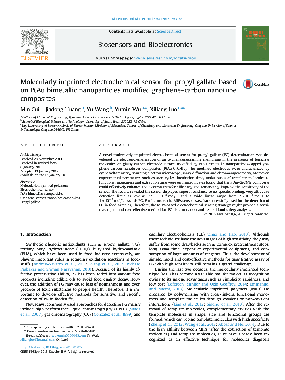 Molecularly imprinted electrochemical sensor for propyl gallate based on PtAu bimetallic nanoparticles modified graphene-carbon nanotube composites