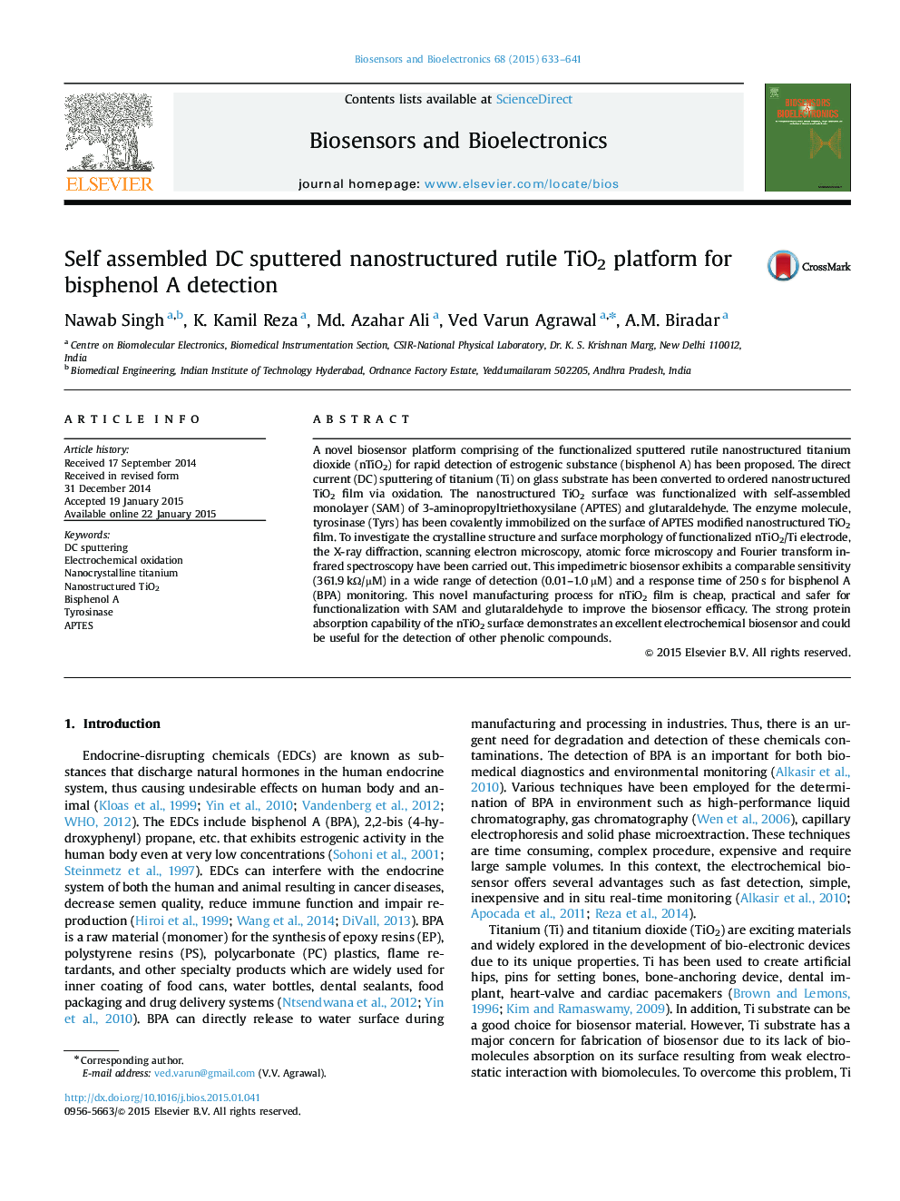 Self assembled DC sputtered nanostructured rutile TiO2 platform for bisphenol A detection