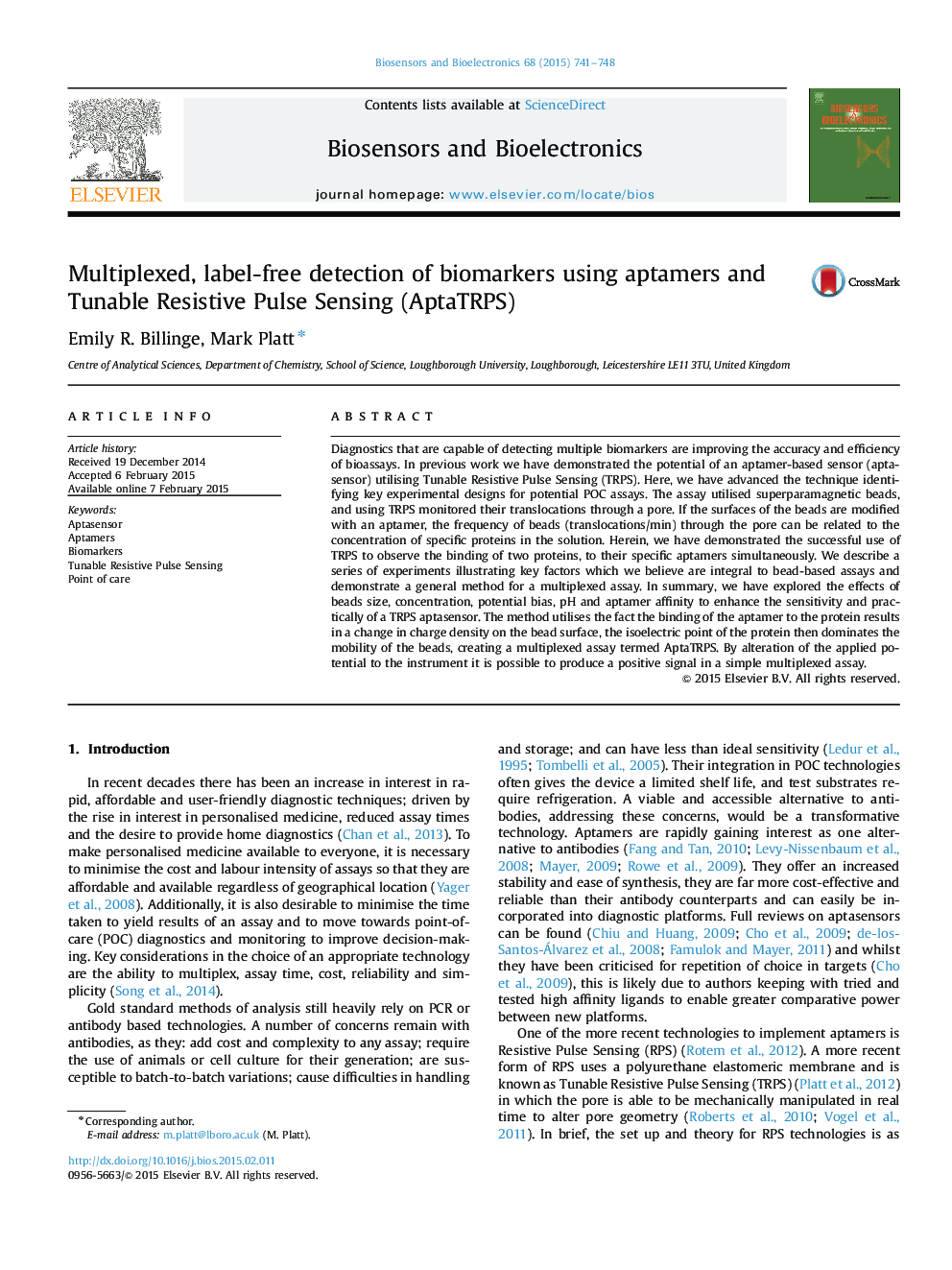 Multiplexed, label-free detection of biomarkers using aptamers and Tunable Resistive Pulse Sensing (AptaTRPS)