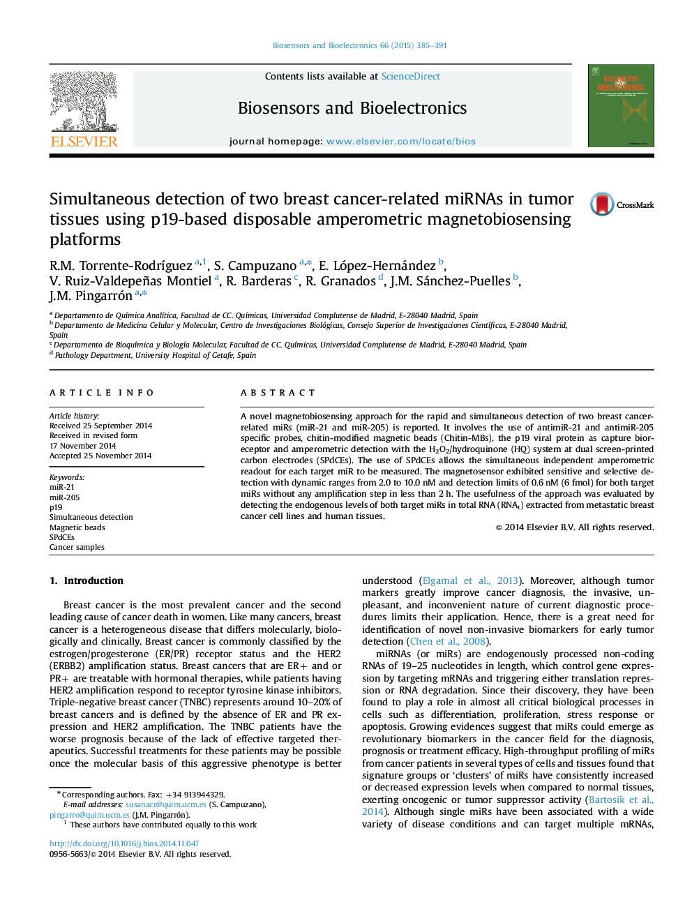 عکس صفحه اول مقاله: Simultaneous detection of two breast cancer-related miRNAs in tumor tissues using p19-based disposable amperometric magnetobiosensing platforms Simultaneous detection of two breast cancer-related miRNAs in tumor tissues using p19-based disposable amperometric magnetobiosensing platforms