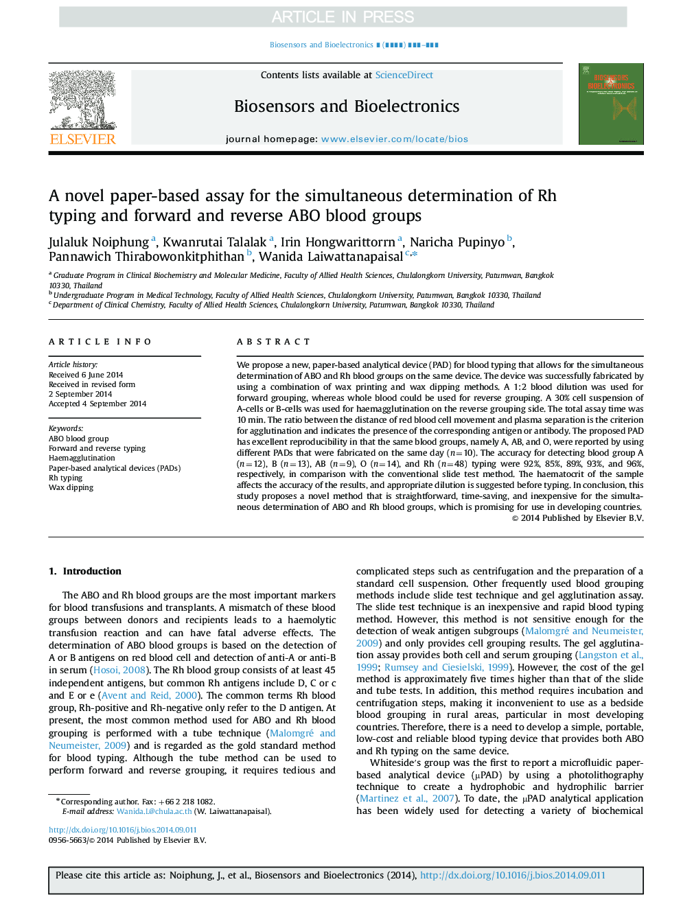 A novel paper-based assay for the simultaneous determination of Rh typing and forward and reverse ABO blood groups