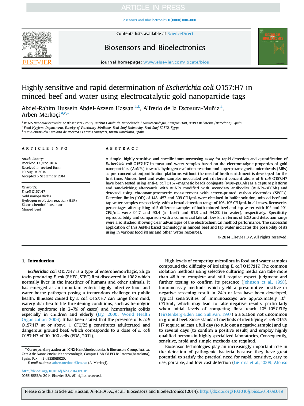 Highly sensitive and rapid determination of Escherichia coli O157:H7 in minced beef and water using electrocatalytic gold nanoparticle tags