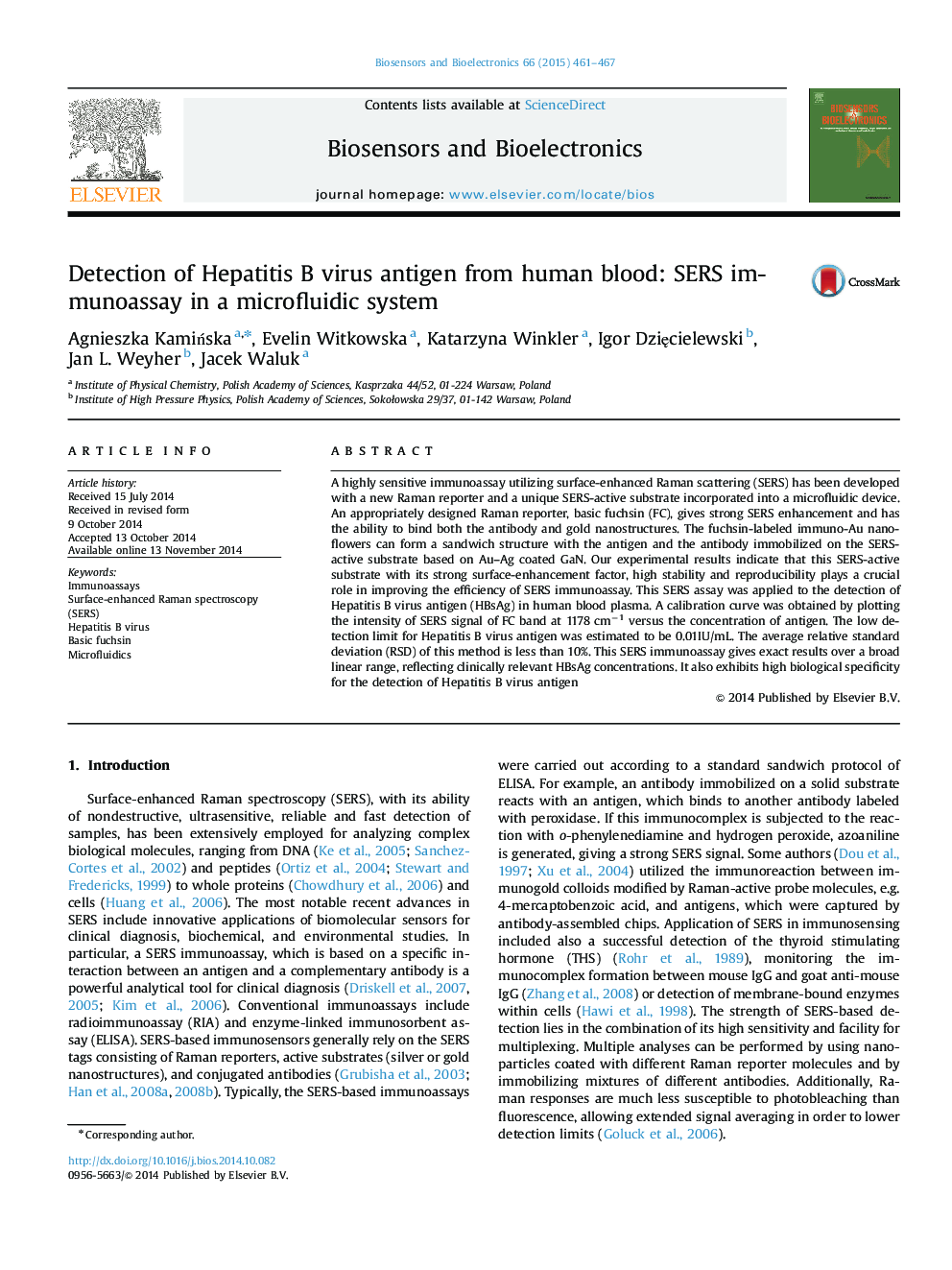 Detection of Hepatitis B virus antigen from human blood: SERS immunoassay in a microfluidic system