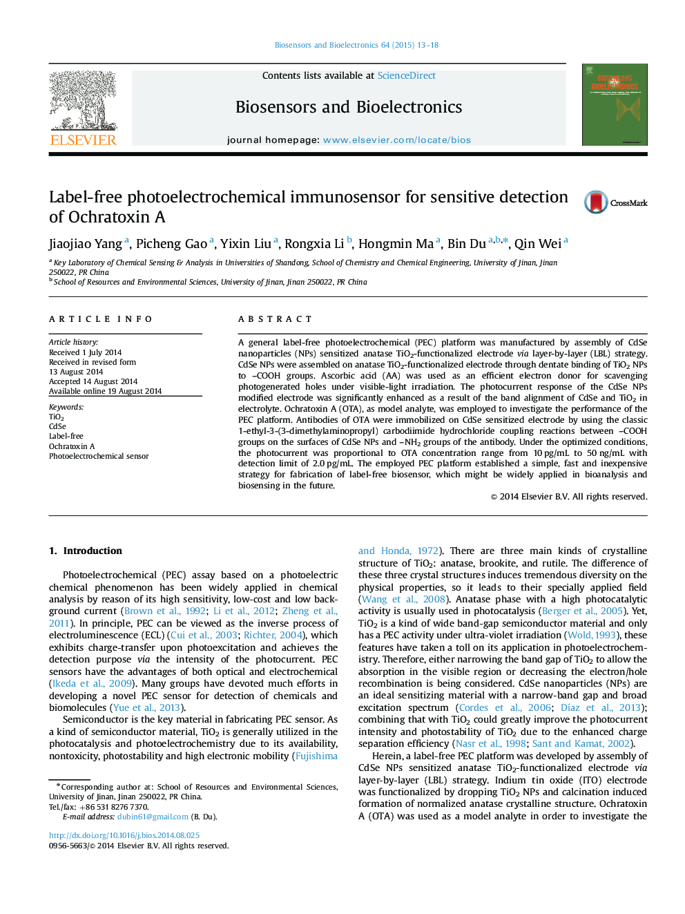 Label-free photoelectrochemical immunosensor for sensitive detection of Ochratoxin A