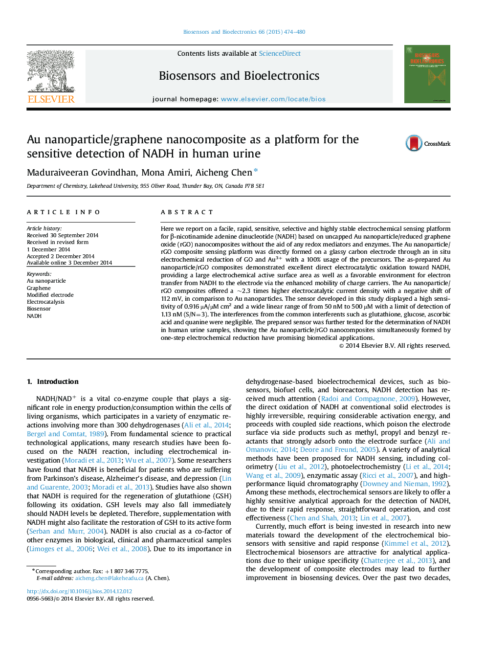 Au nanoparticle/graphene nanocomposite as a platform for the sensitive detection of NADH in human urine