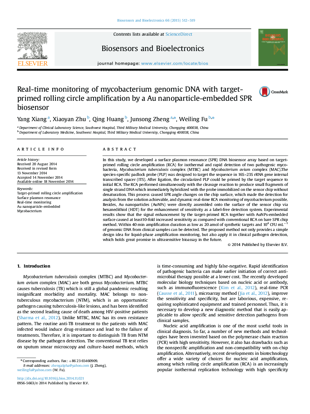 Real-time monitoring of mycobacterium genomic DNA with target-primed rolling circle amplification by a Au nanoparticle-embedded SPR biosensor