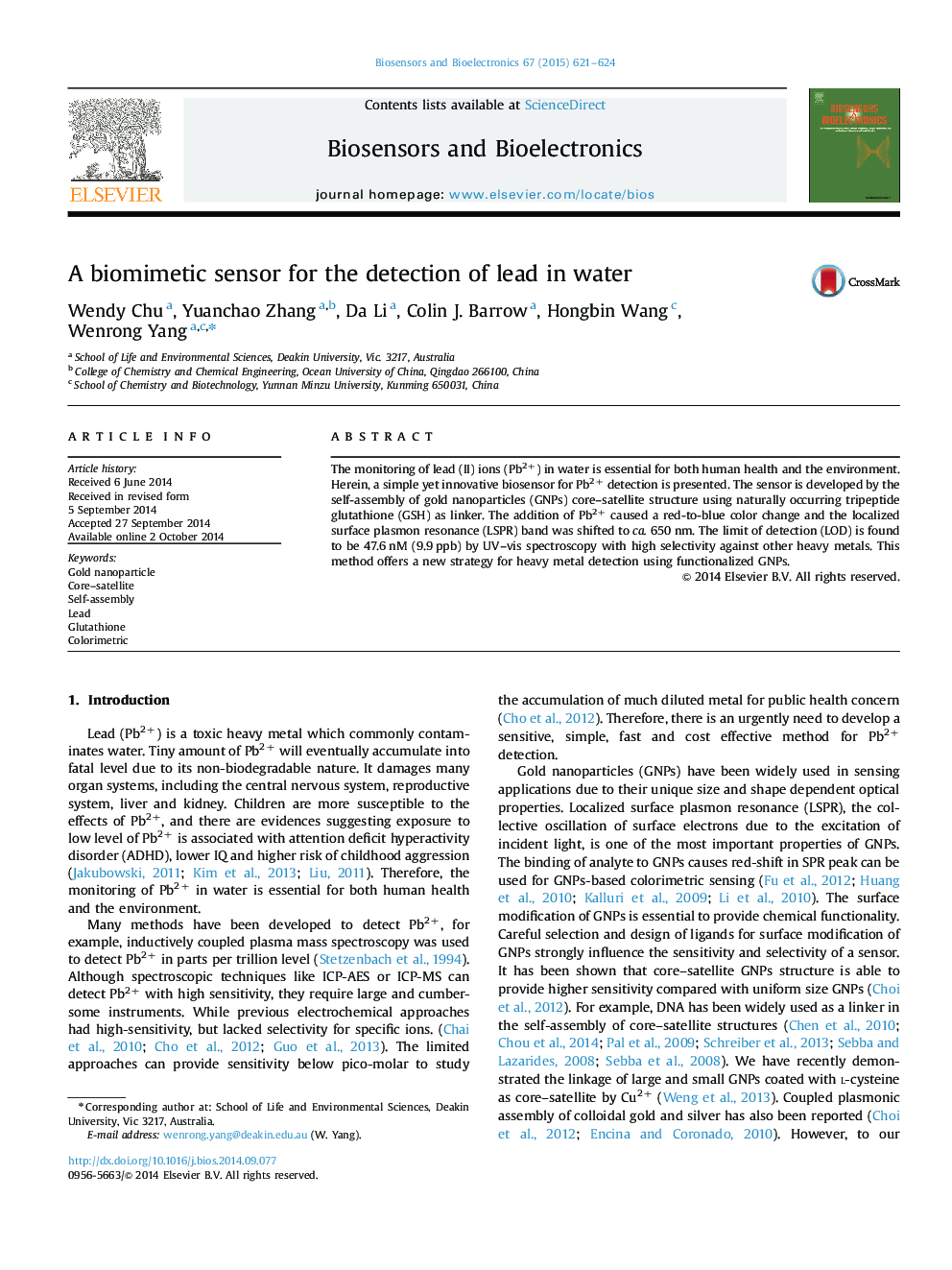 A biomimetic sensor for the detection of lead in water