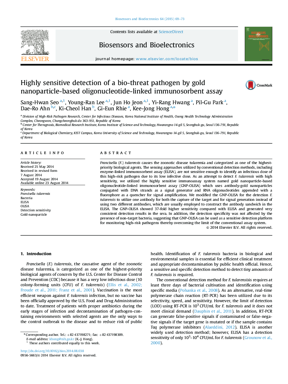 Highly sensitive detection of a bio-threat pathogen by gold nanoparticle-based oligonucleotide-linked immunosorbent assay