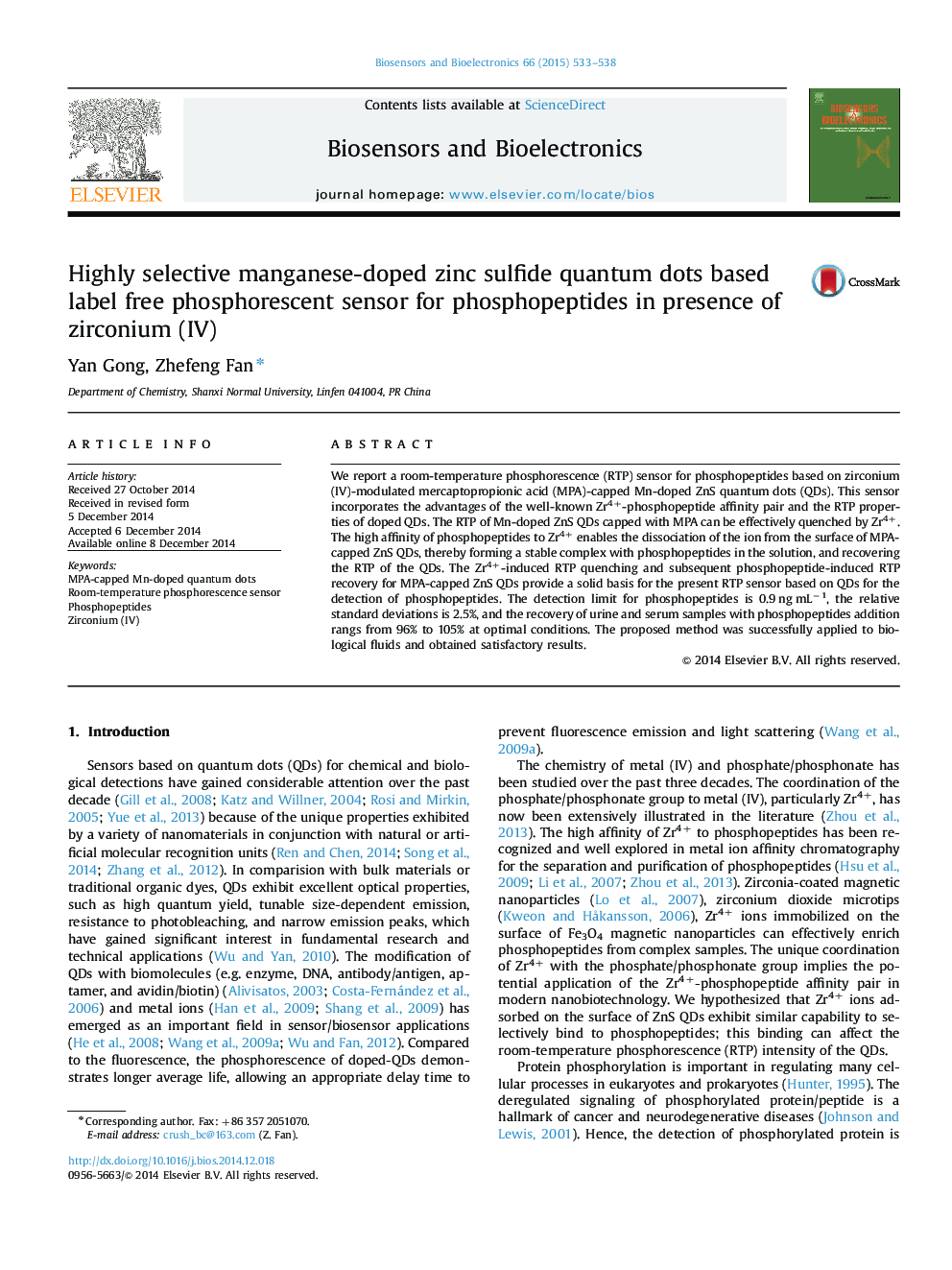 Highly selective manganese-doped zinc sulfide quantum dots based label free phosphorescent sensor for phosphopeptides in presence of zirconium (IV)