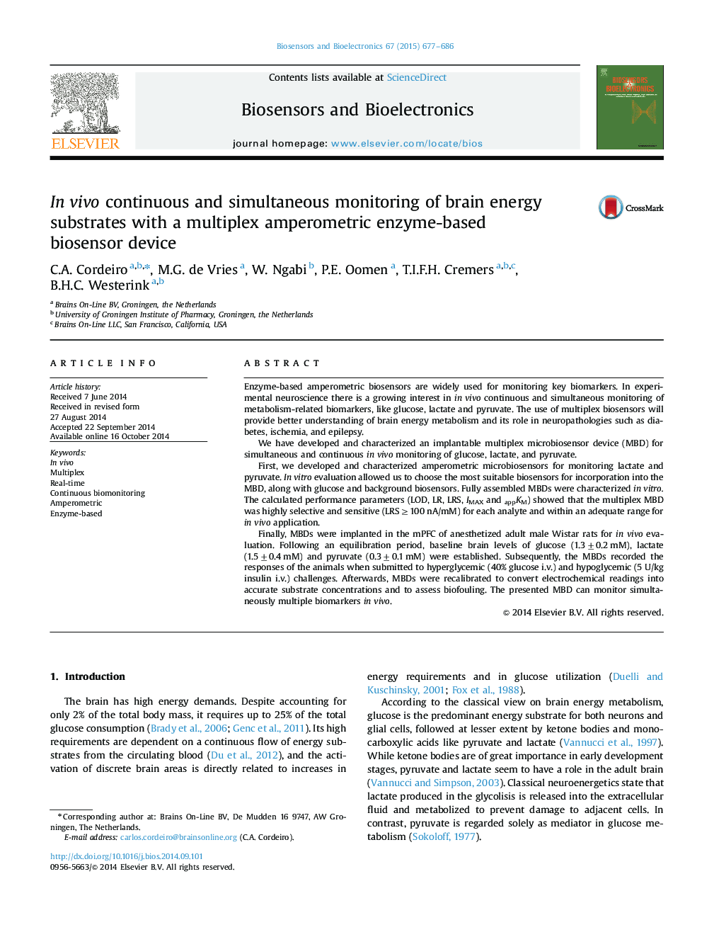 In vivo continuous and simultaneous monitoring of brain energy substrates with a multiplex amperometric enzyme-based biosensor device