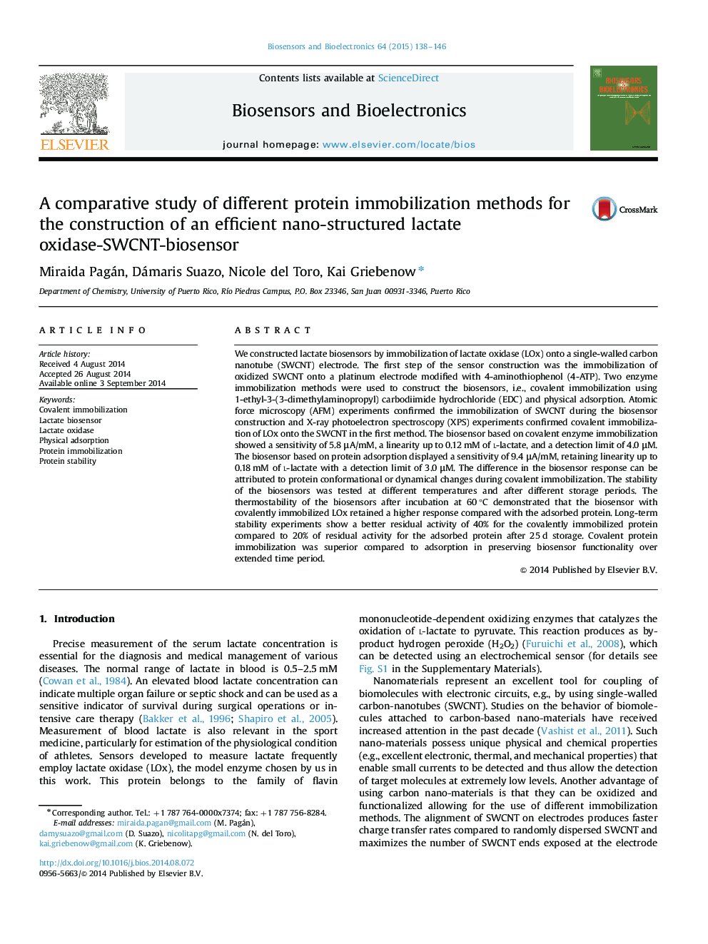 A comparative study of different protein immobilization methods for the construction of an efficient nano-structured lactate oxidase-SWCNT-biosensor