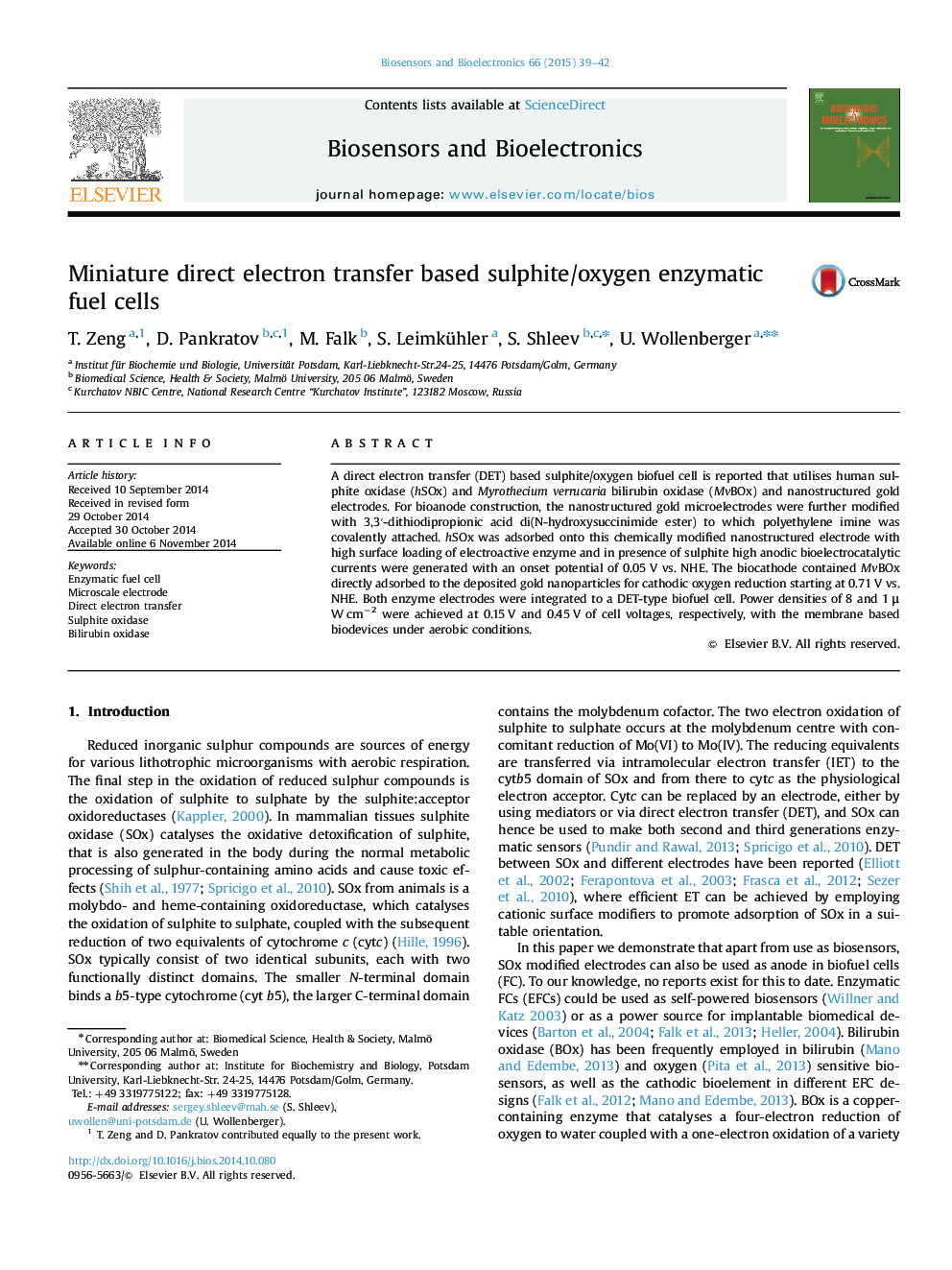 Miniature direct electron transfer based sulphite/oxygen enzymatic fuel cells