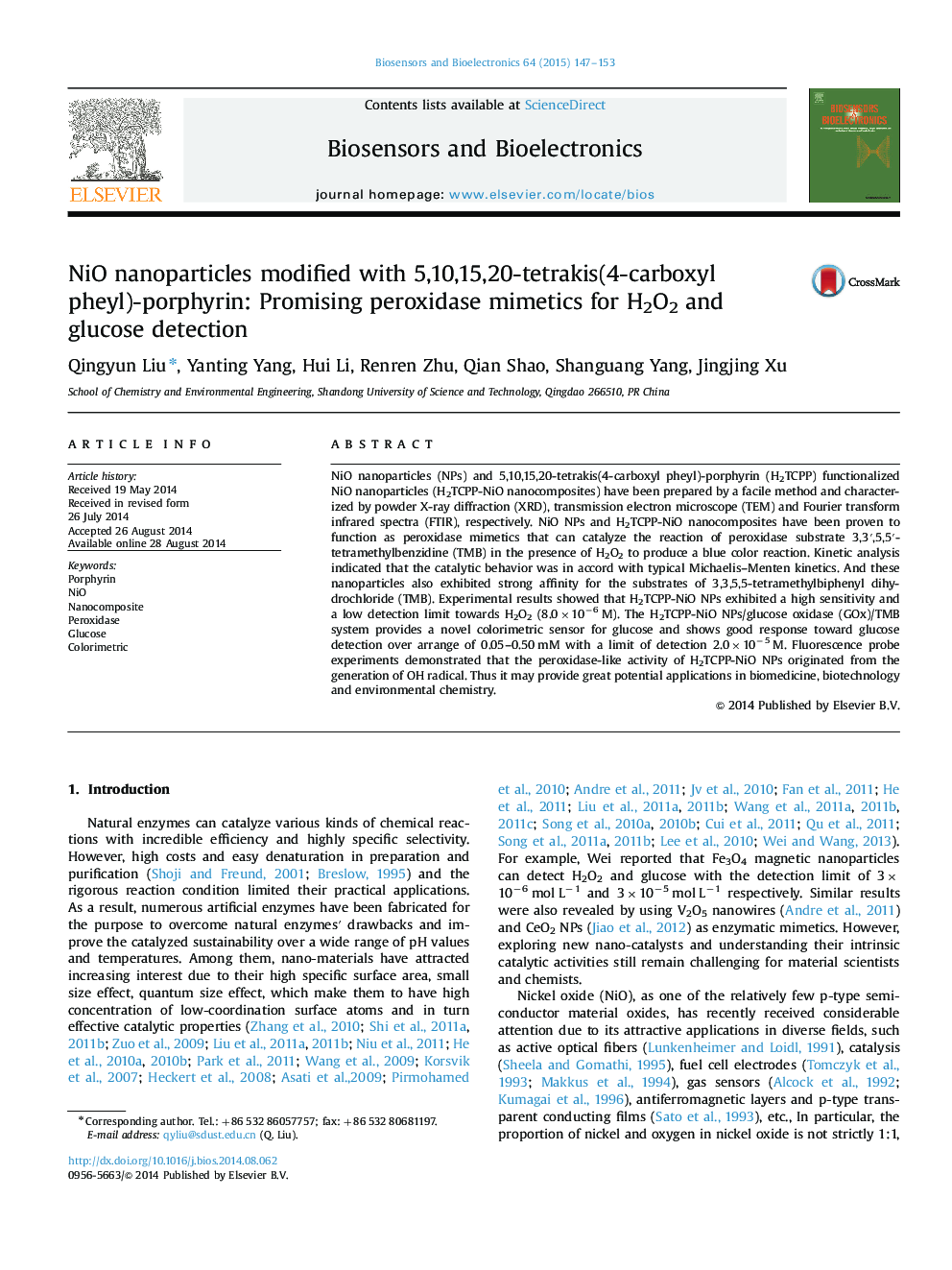 NiO nanoparticles modified with 5,10,15,20-tetrakis(4-carboxyl pheyl)-porphyrin: Promising peroxidase mimetics for H2O2 and glucose detection