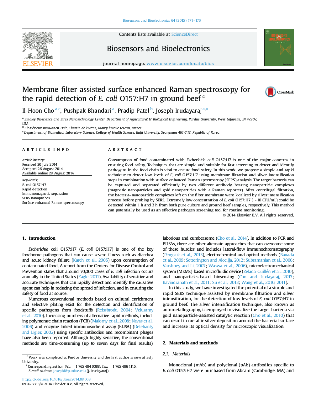 Membrane filter-assisted surface enhanced Raman spectroscopy for the rapid detection of E. coli O157:H7 in ground beef