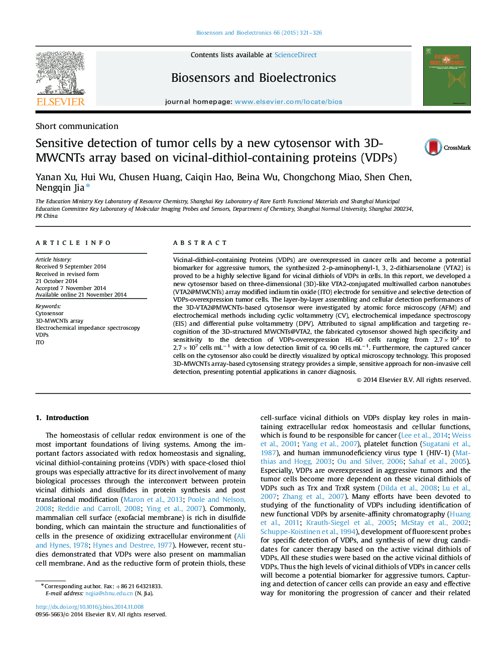 Sensitive detection of tumor cells by a new cytosensor with 3D-MWCNTs array based on vicinal-dithiol-containing proteins (VDPs)