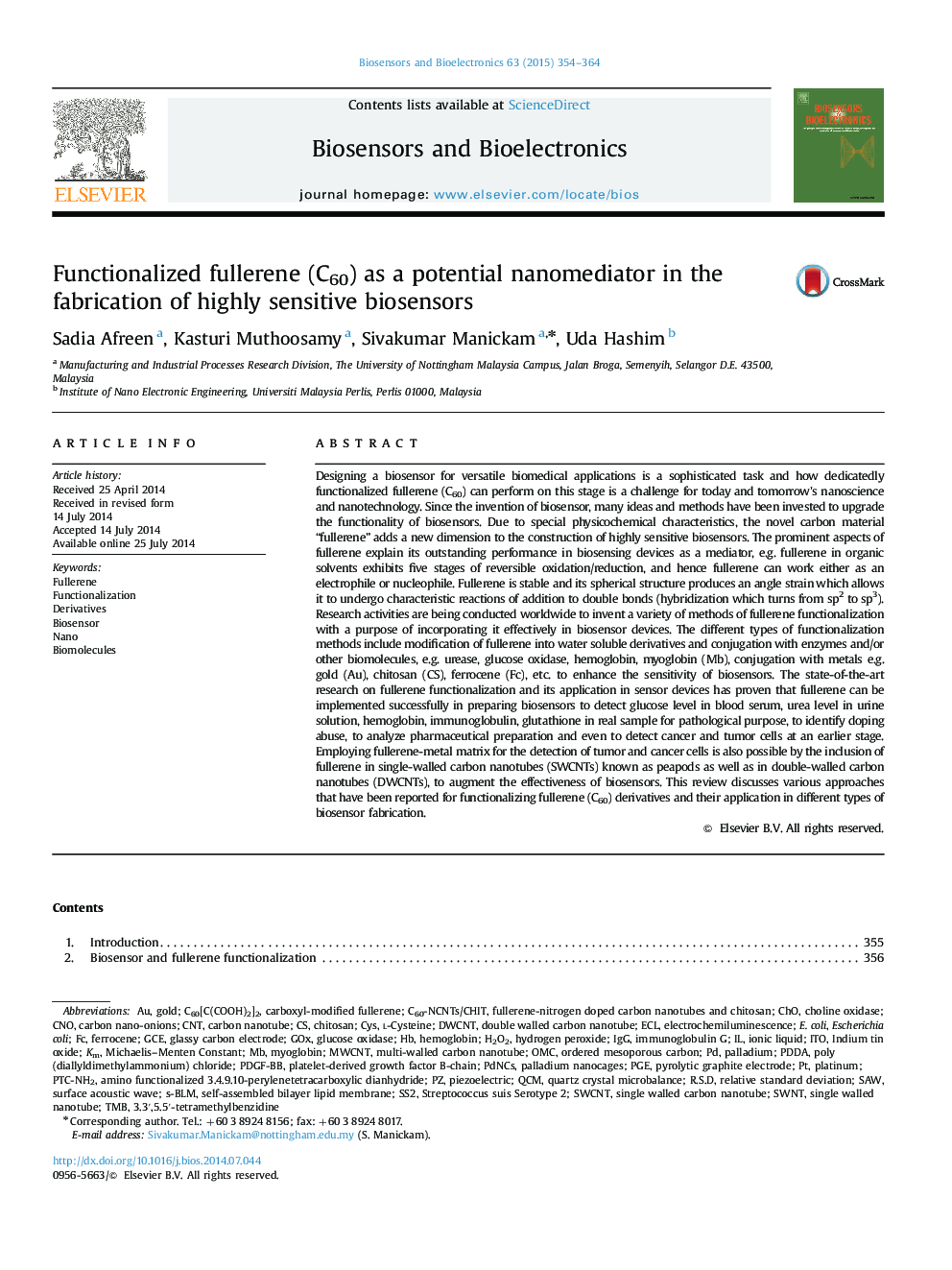 Functionalized fullerene (C60) as a potential nanomediator in the fabrication of highly sensitive biosensors