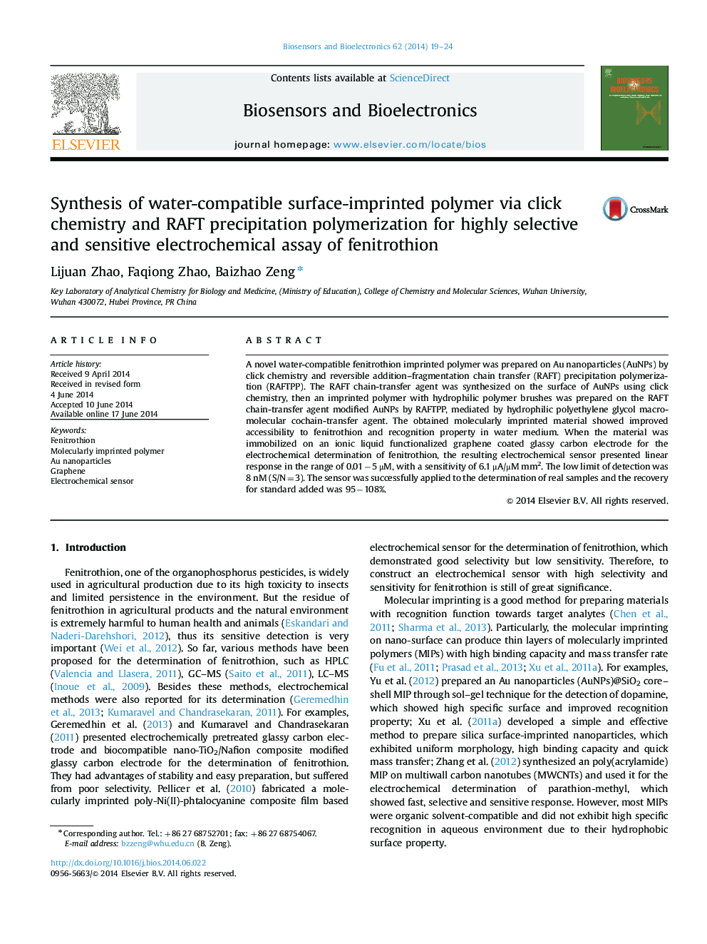 Synthesis of water-compatible surface-imprinted polymer via click chemistry and RAFT precipitation polymerization for highly selective and sensitive electrochemical assay of fenitrothion