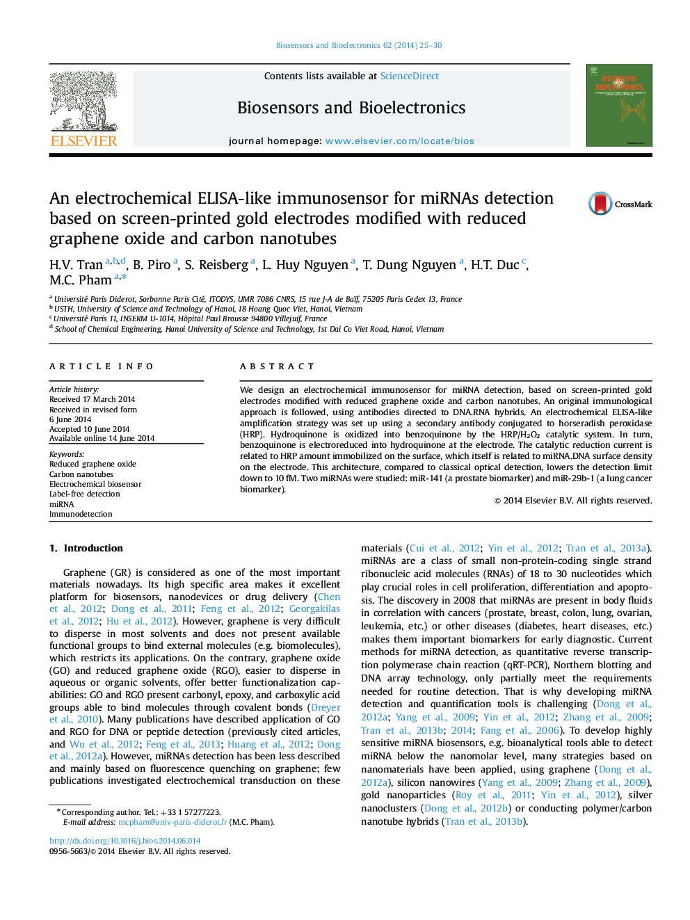 An electrochemical ELISA-like immunosensor for miRNAs detection based on screen-printed gold electrodes modified with reduced graphene oxide and carbon nanotubes