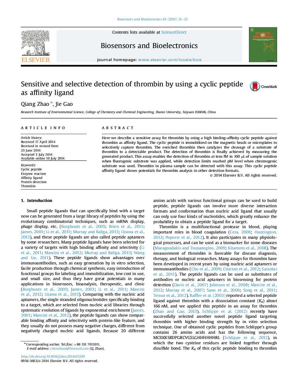 Sensitive and selective detection of thrombin by using a cyclic peptide as affinity ligand