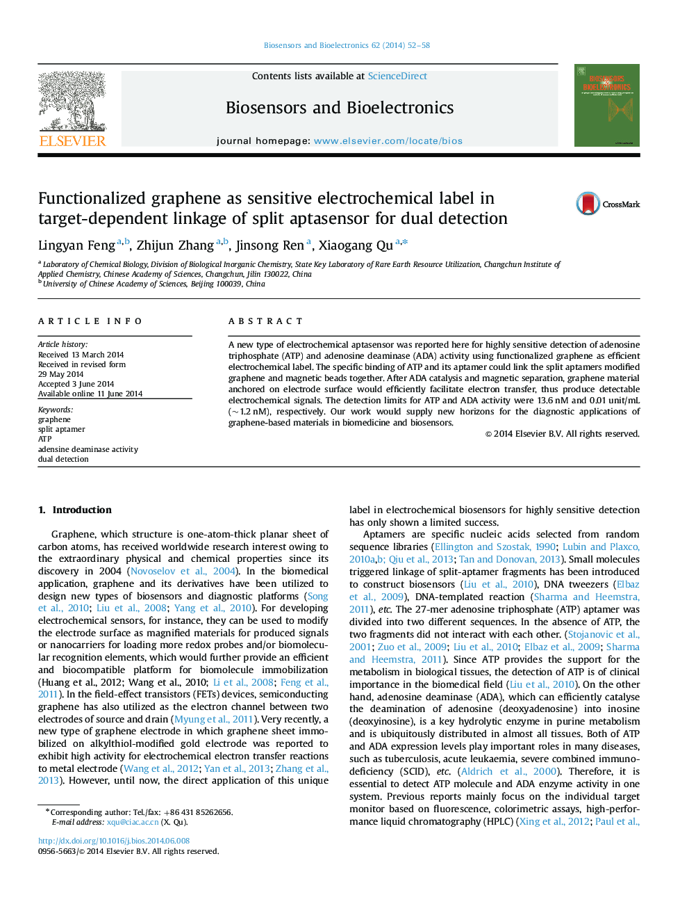 Functionalized graphene as sensitive electrochemical label in target-dependent linkage of split aptasensor for dual detection