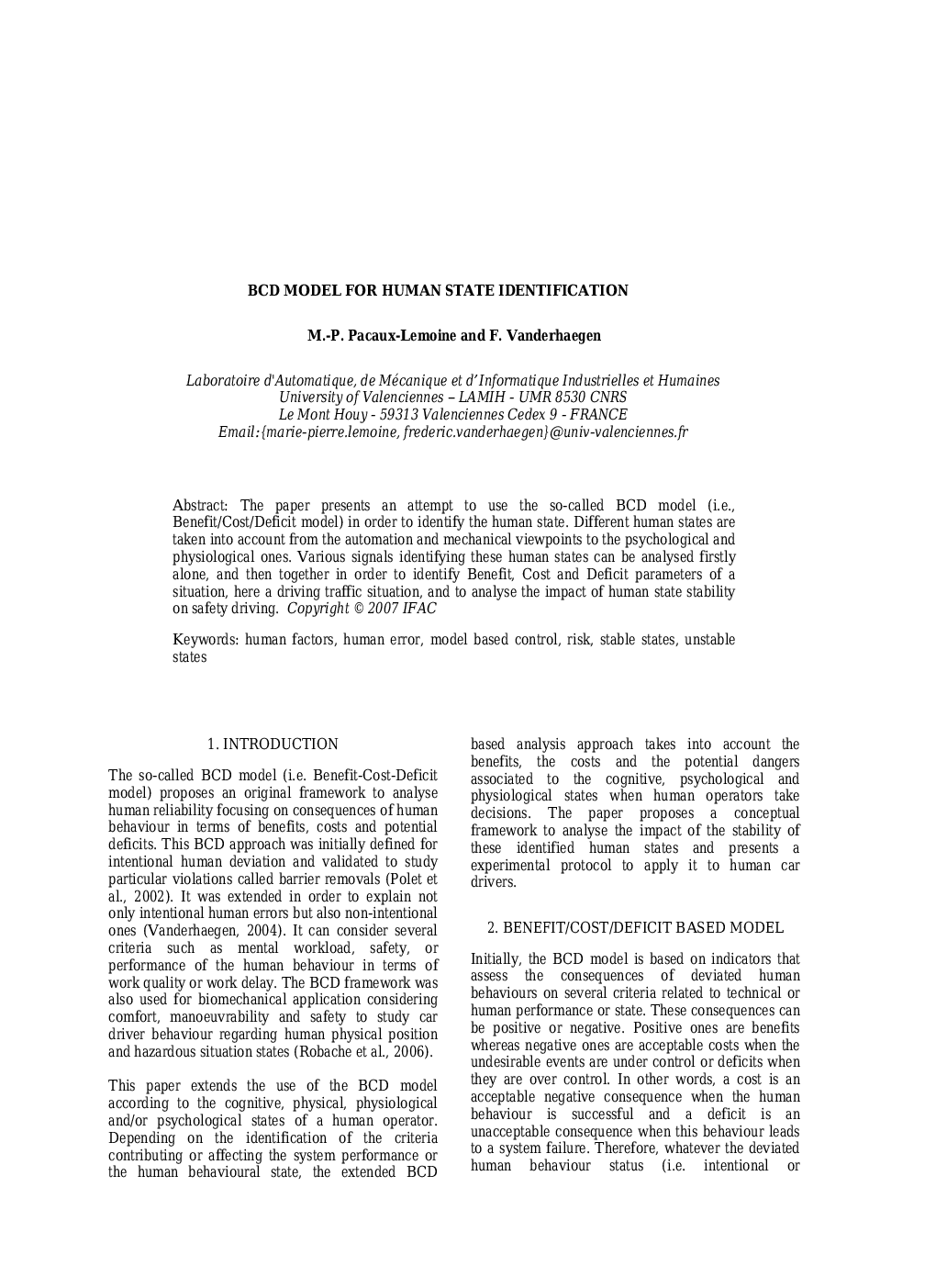 BCD MODEL FOR HUMAN STATE IDENTIFICATION