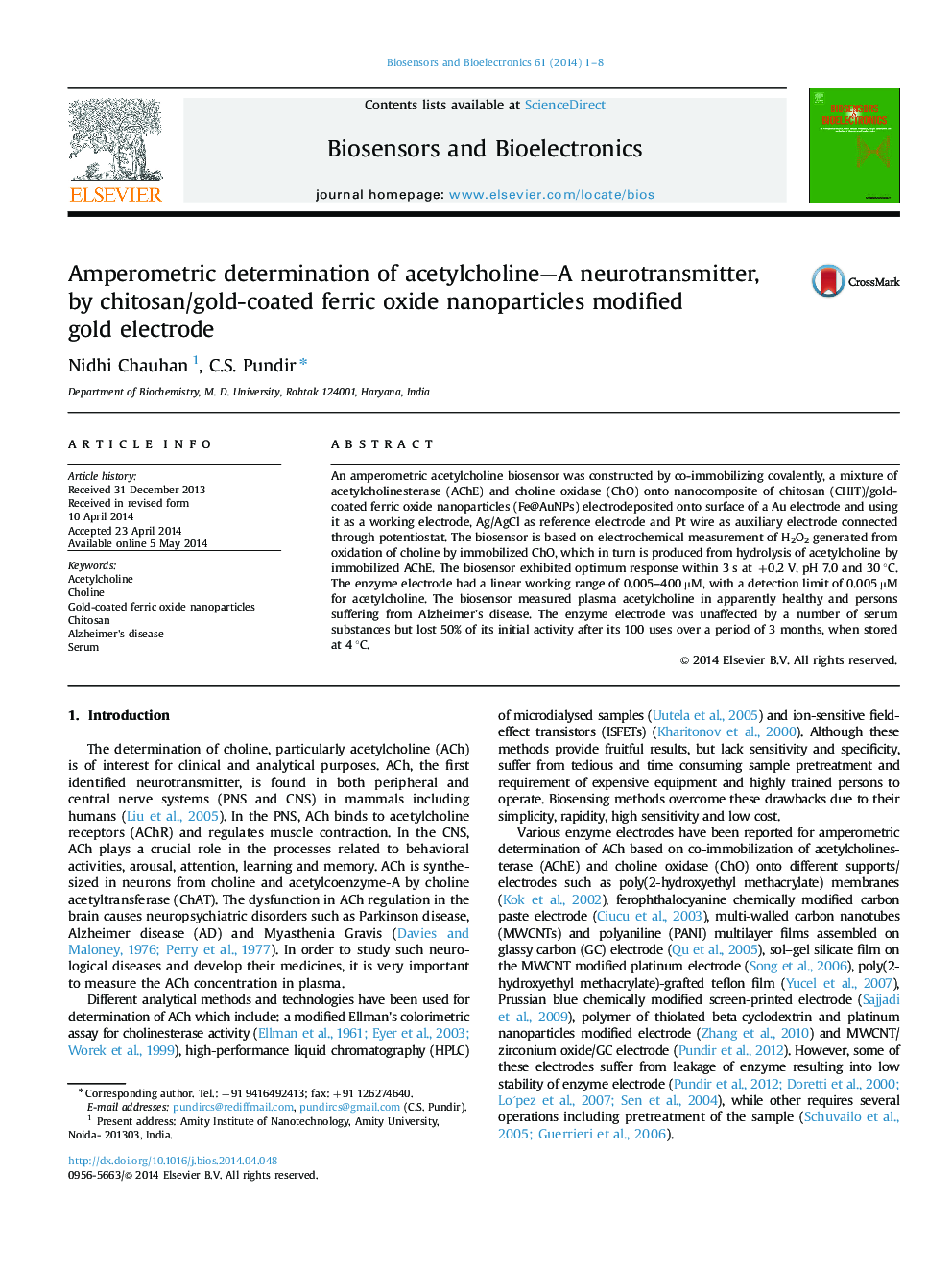Amperometric determination of acetylcholine-A neurotransmitter, by chitosan/gold-coated ferric oxide nanoparticles modified gold electrode