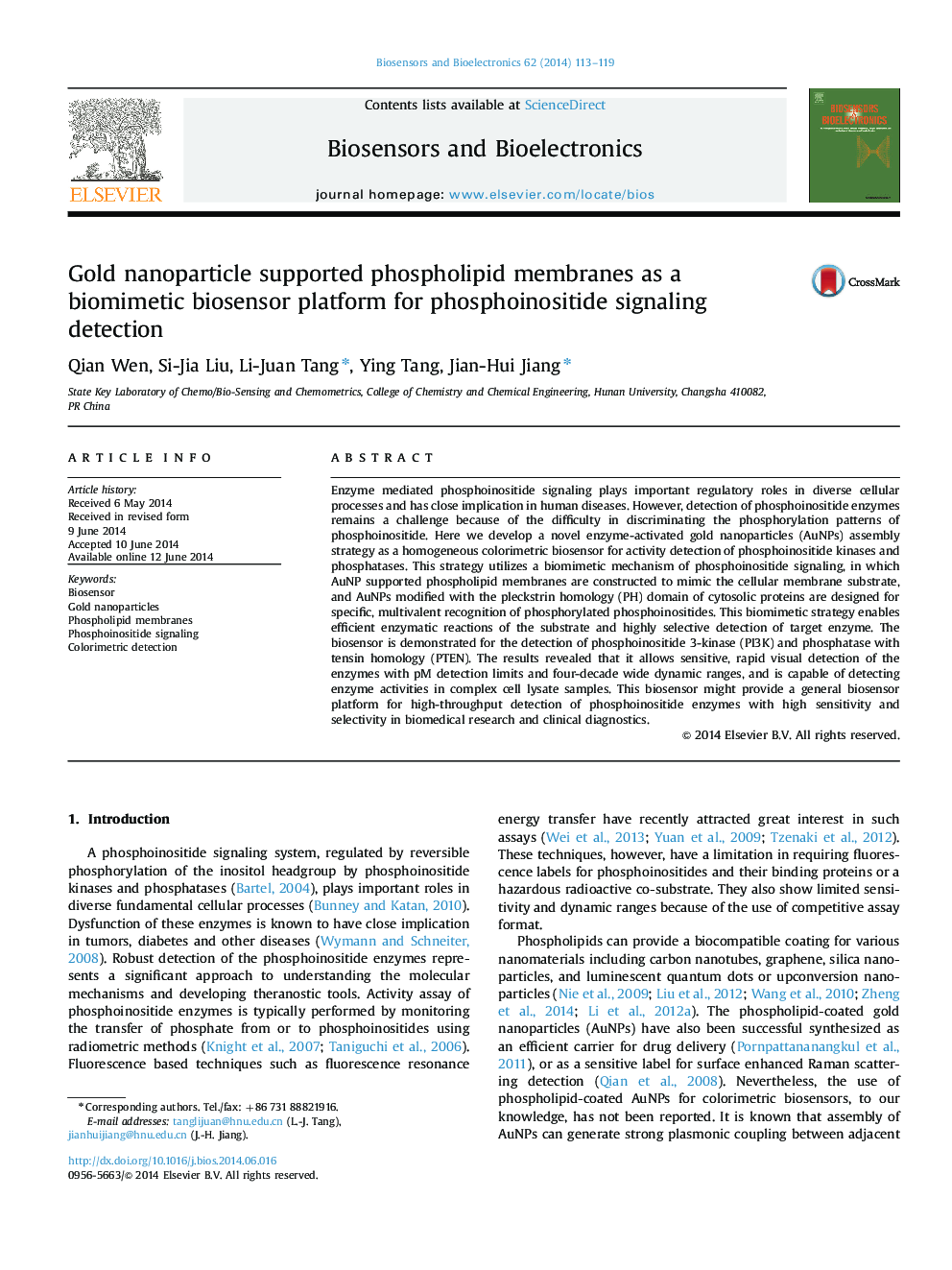 Gold nanoparticle supported phospholipid membranes as a biomimetic biosensor platform for phosphoinositide signaling detection