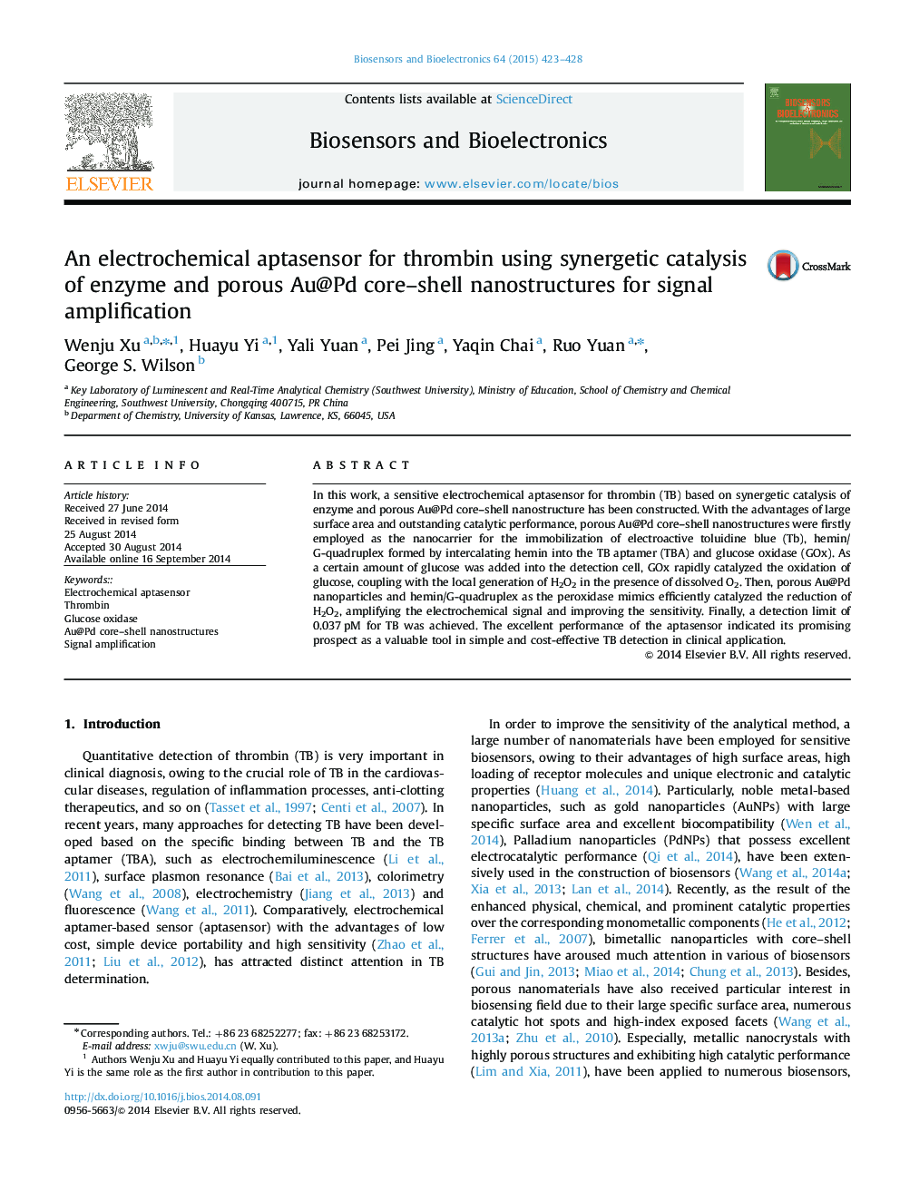 An electrochemical aptasensor for thrombin using synergetic catalysis of enzyme and porous Au@Pd core-shell nanostructures for signal amplification