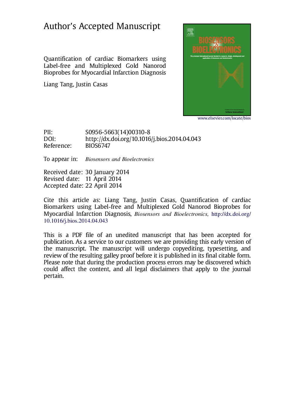 Quantification of cardiac biomarkers using label-free and multiplexed gold nanorod bioprobes for myocardial infarction diagnosis