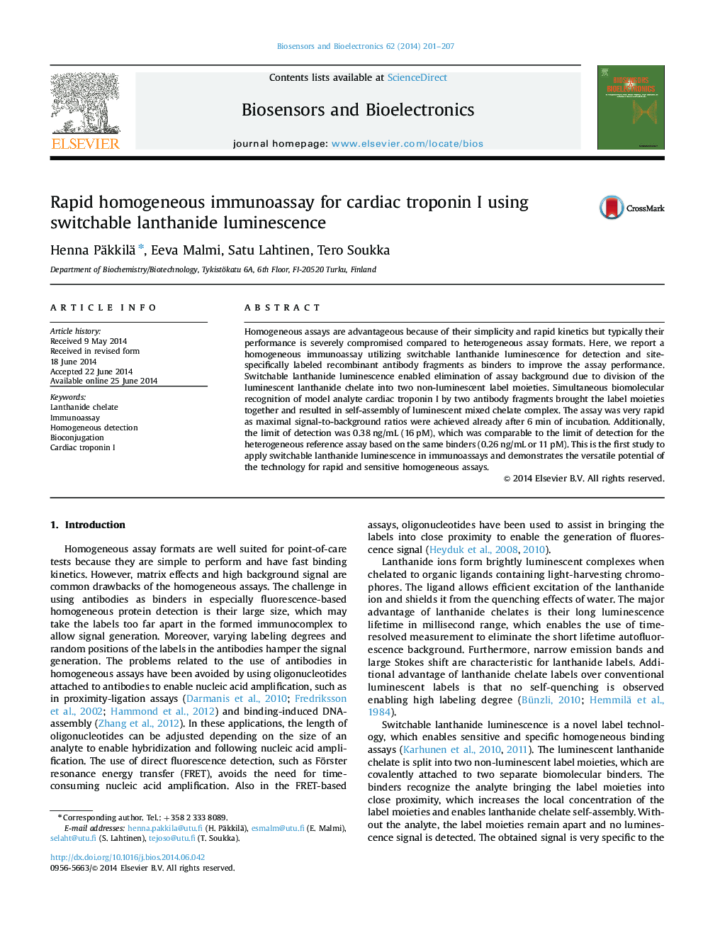 Rapid homogeneous immunoassay for cardiac troponin I using switchable lanthanide luminescence