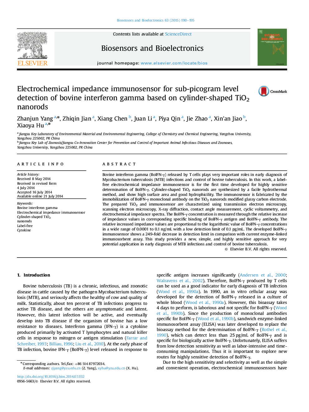 Electrochemical impedance immunosensor for sub-picogram level detection of bovine interferon gamma based on cylinder-shaped TiO2 nanorods