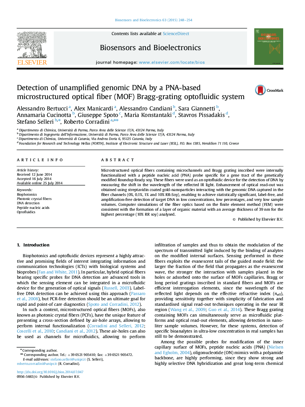 Detection of unamplified genomic DNA by a PNA-based microstructured optical fiber (MOF) Bragg-grating optofluidic system