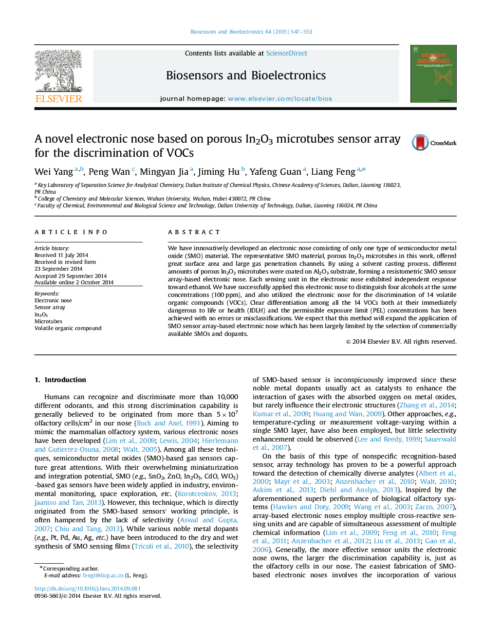 A novel electronic nose based on porous In2O3 microtubes sensor array for the discrimination of VOCs