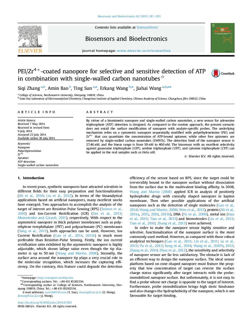 PEI/Zr4+-coated nanopore for selective and sensitive detection of ATP in combination with single-walled carbon nanotubes