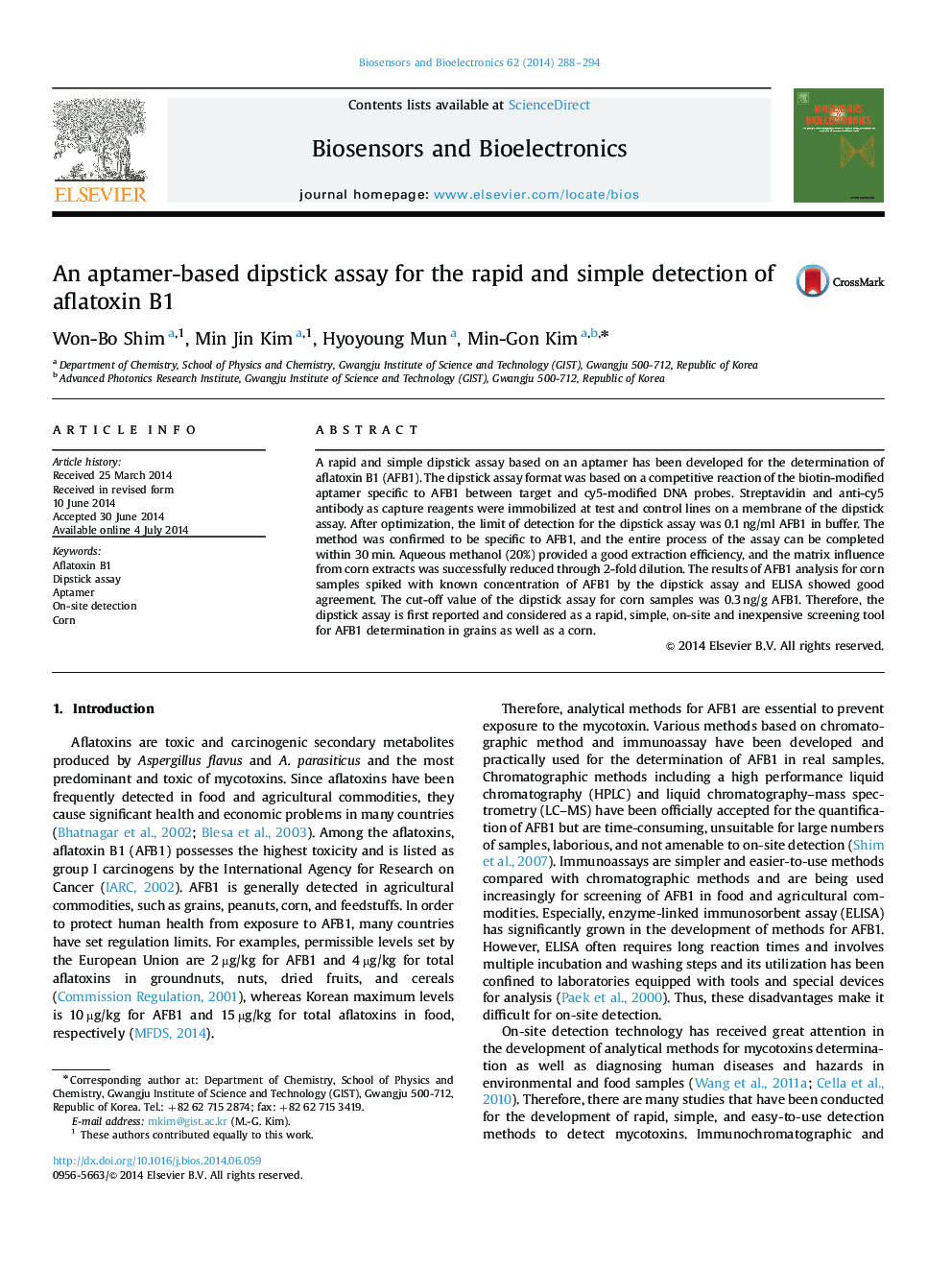 عکس صفحه اول مقاله: An aptamer-based dipstick assay for the rapid and simple detection of aflatoxin B1 An aptamer-based dipstick assay for the rapid and simple detection of aflatoxin B1