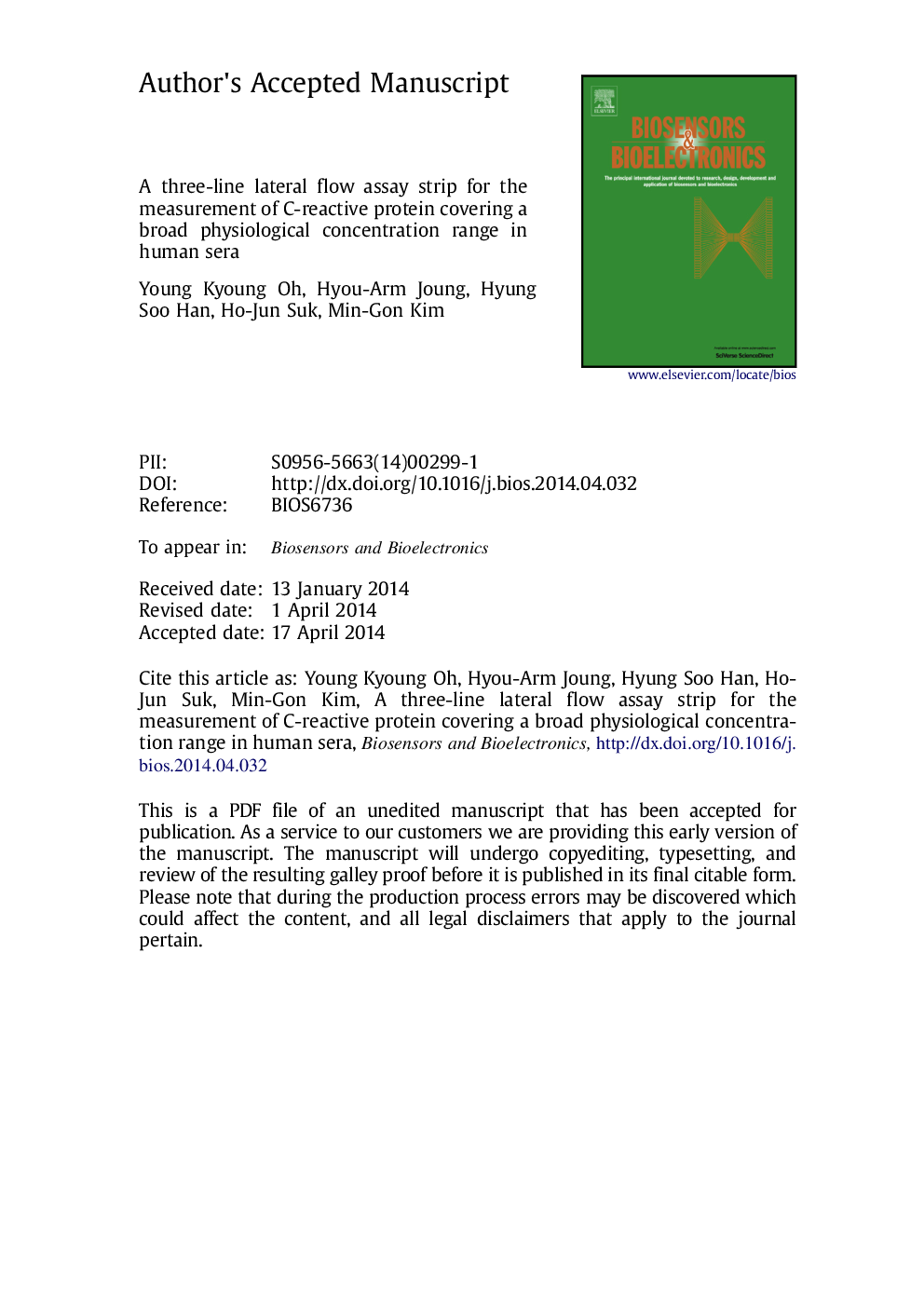 A three-line lateral flow assay strip for the measurement of C-reactive protein covering a broad physiological concentration range in human sera