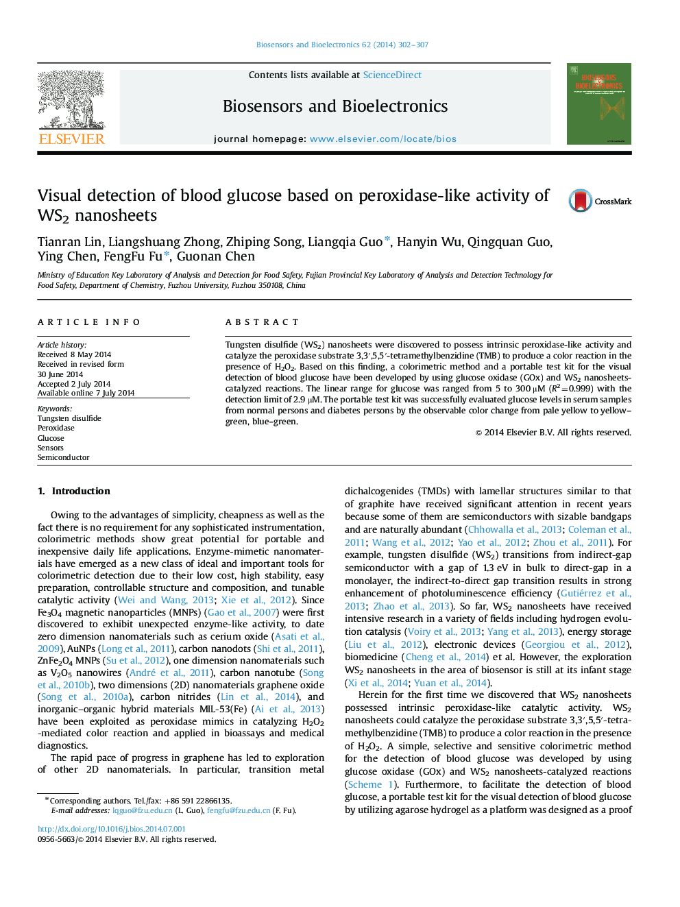 Visual detection of blood glucose based on peroxidase-like activity of WS2 nanosheets