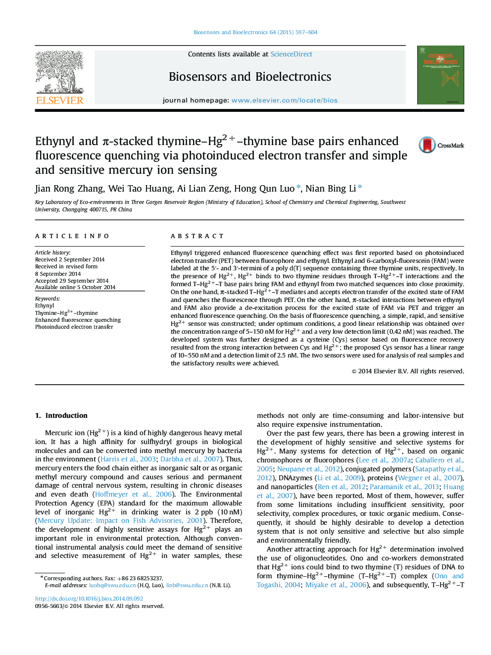 Ethynyl and Ï-stacked thymine-Hg2+-thymine base pairs enhanced fluorescence quenching via photoinduced electron transfer and simple and sensitive mercury ion sensing