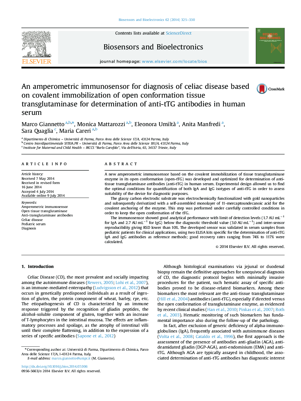 An amperometric immunosensor for diagnosis of celiac disease based on covalent immobilization of open conformation tissue transglutaminase for determination of anti-tTG antibodies in human serum