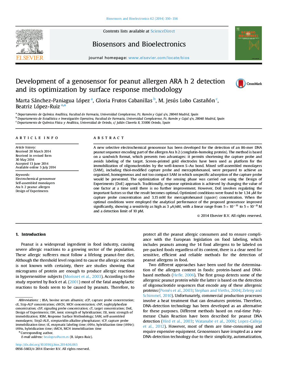 Development of a genosensor for peanut allergen ARA h 2 detection and its optimization by surface response methodology