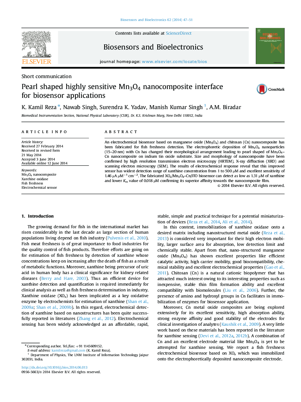 Pearl shaped highly sensitive Mn3O4 nanocomposite interface for biosensor applications