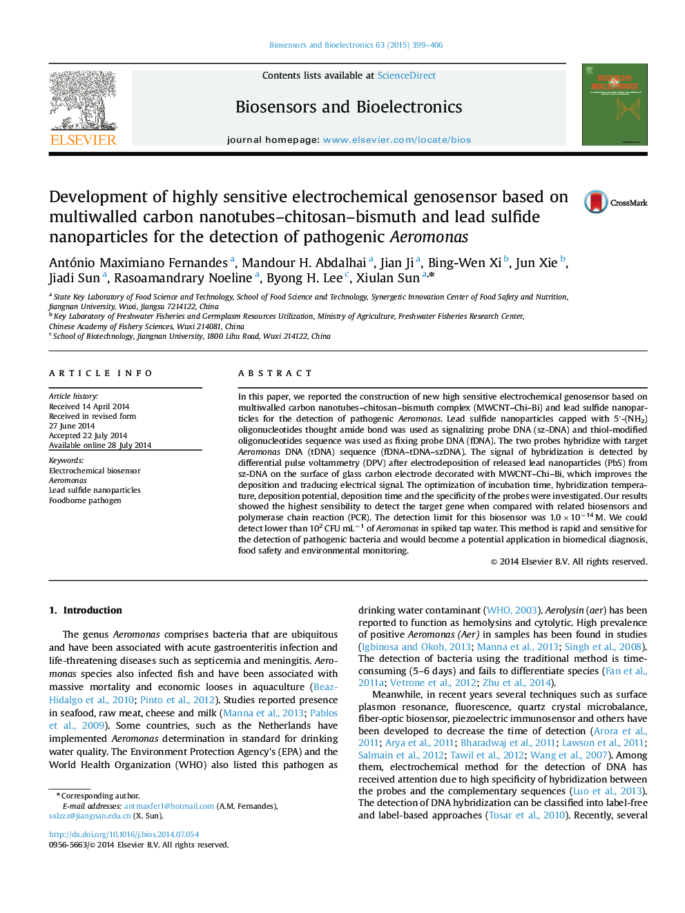 Development of highly sensitive electrochemical genosensor based on multiwalled carbon nanotubes-chitosan-bismuth and lead sulfide nanoparticles for the detection of pathogenic Aeromonas