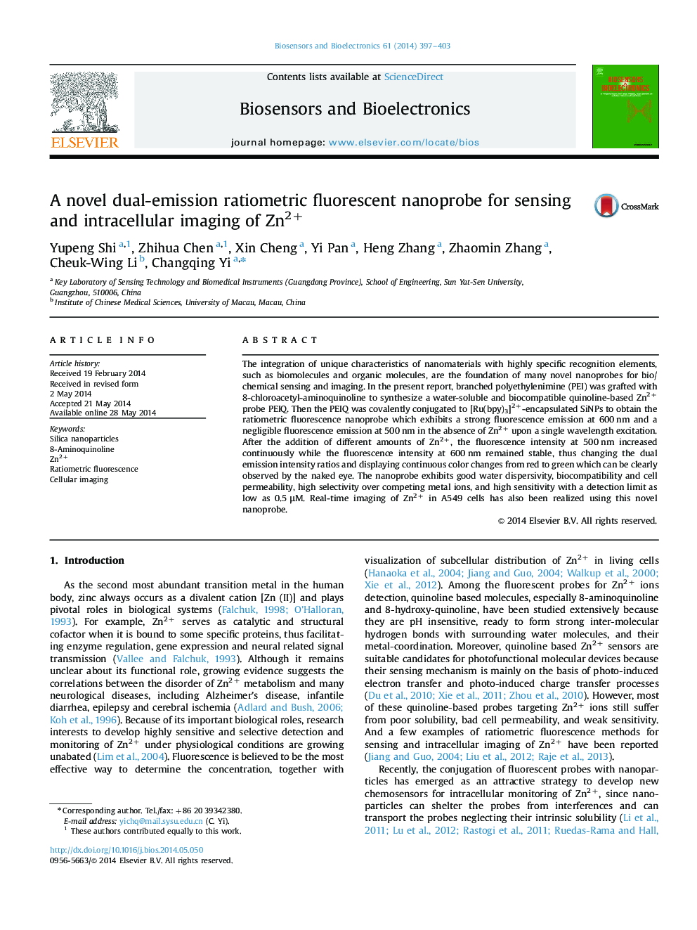 A novel dual-emission ratiometric fluorescent nanoprobe for sensing and intracellular imaging of Zn2+