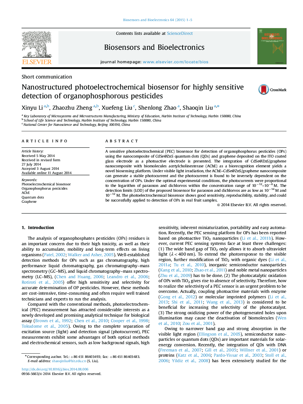 Nanostructured photoelectrochemical biosensor for highly sensitive detection of organophosphorous pesticides