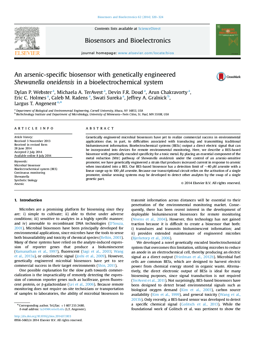 An arsenic-specific biosensor with genetically engineered Shewanella oneidensis in a bioelectrochemical system